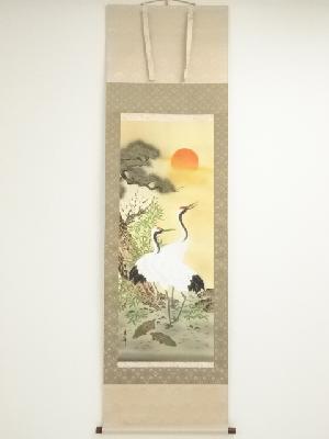 秀峯筆　松竹梅鶴亀　肉筆絹本掛軸（保護箱）